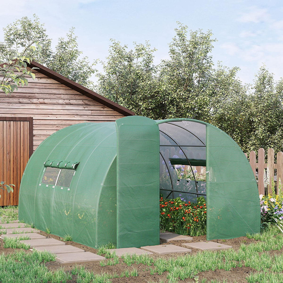 Outsunny 4 x 3m Walk-In Polytunnel Greenhouse with Galvanised Steel Frame & Door – Garden Growing