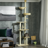 PawHut 6-Tier Floor-to-Ceiling Cat Tree with Scratching Post, Bed & Hammock – Adjustable Cat Tower, Beige