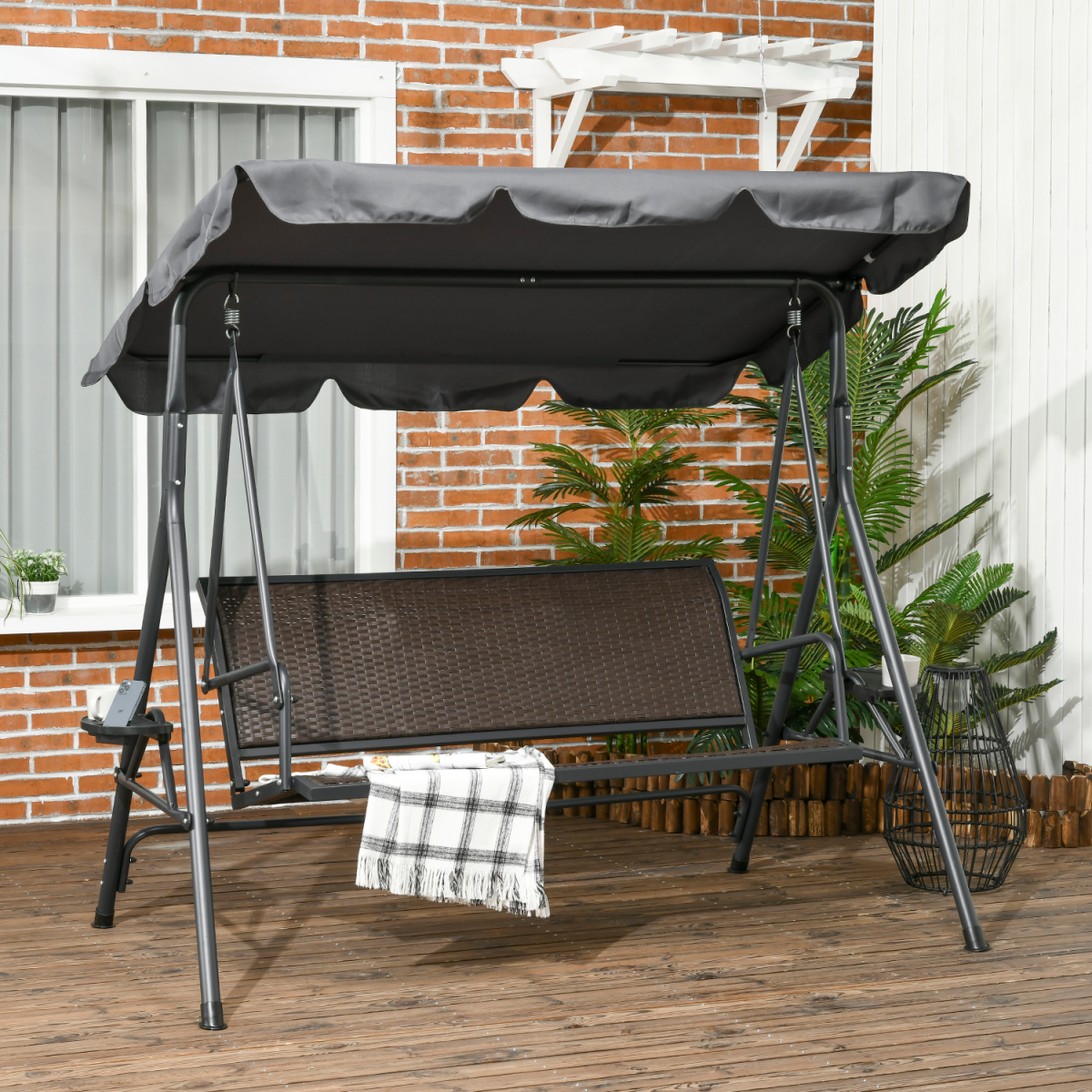 Outsunny 3-Seater Garden Swing Bench with 45° Adjustable Canopy & Steel Frame – Rattan Seat Patio Swing