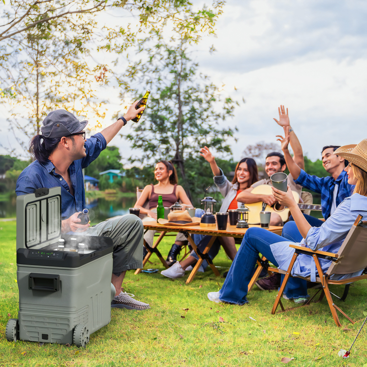 Outsunny 45L Camping Fridge Freezer with Dual Zones, DC & AC Power and LED Panel – Car Fridge, Green