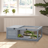 PawHut Wooden Tortoise House with Mesh Roof, Two-Room Reptile Habitat & Pull-Out Run – Grey