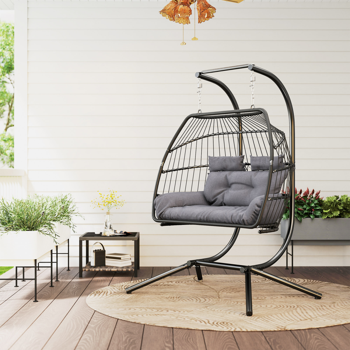 Outsunny Rattan Double Hanging Egg Chair with Stand and Cushion – Foldable Garden Swing Seat, Dark Grey