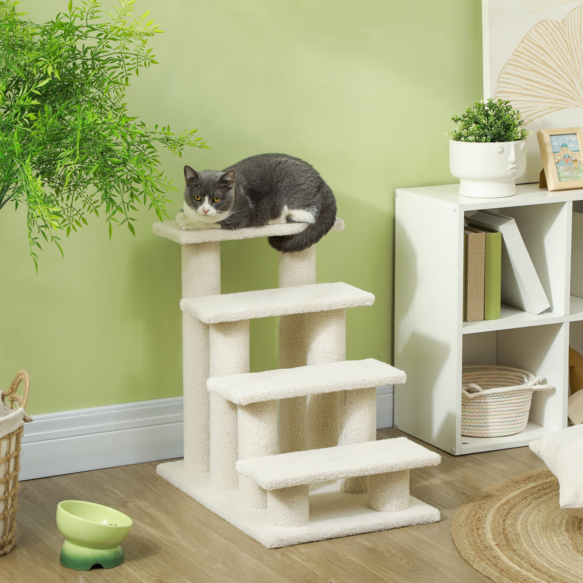 Pawhut Pet Ramp Stairs with 4 Steps and Faux Fur Cover – Cat and Dog Climbing Steps, Brown