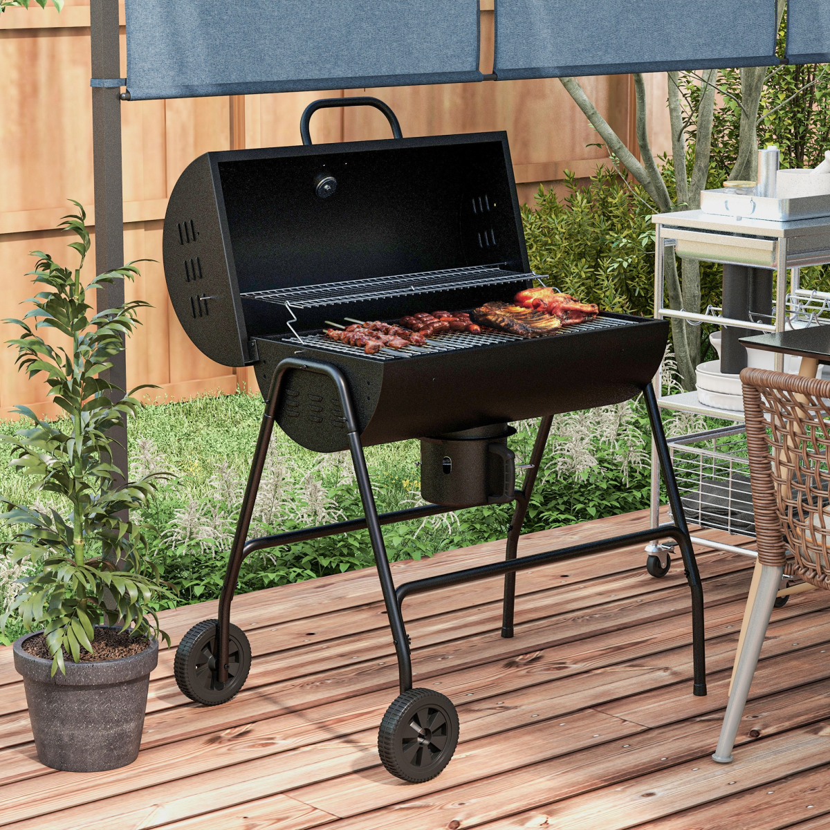 Outsunny Barrel Charcoal BBQ Grill Trolley with Ash Catcher, Thermometer & Warming Rack – Black Steel
