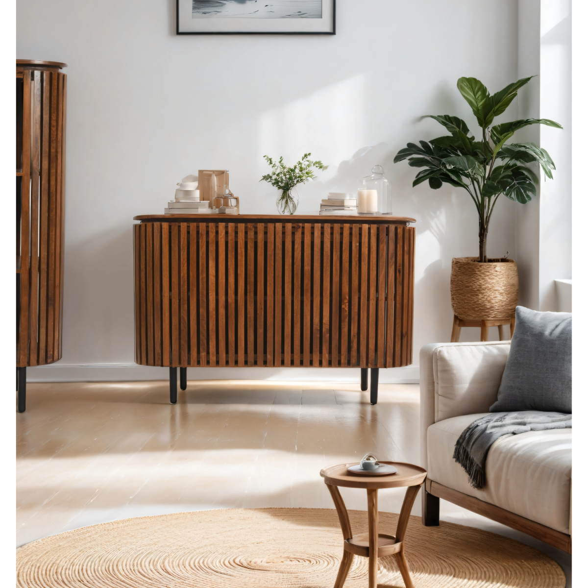 Slatted Mango Wood Large 2 Door Sideboard – Hand-Crafted Solid Mango Cupboard Storage Furniture
