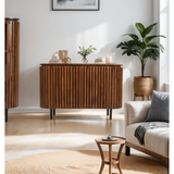 Slatted Mango Wood Large 2 Door Sideboard – Hand-Crafted Solid Mango Cupboard Storage Furniture