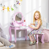 ZONEKIZ Kids Dressing Table with Mirror, Stool & Storage Drawer – Pink Vanity Set for Ages 3-6