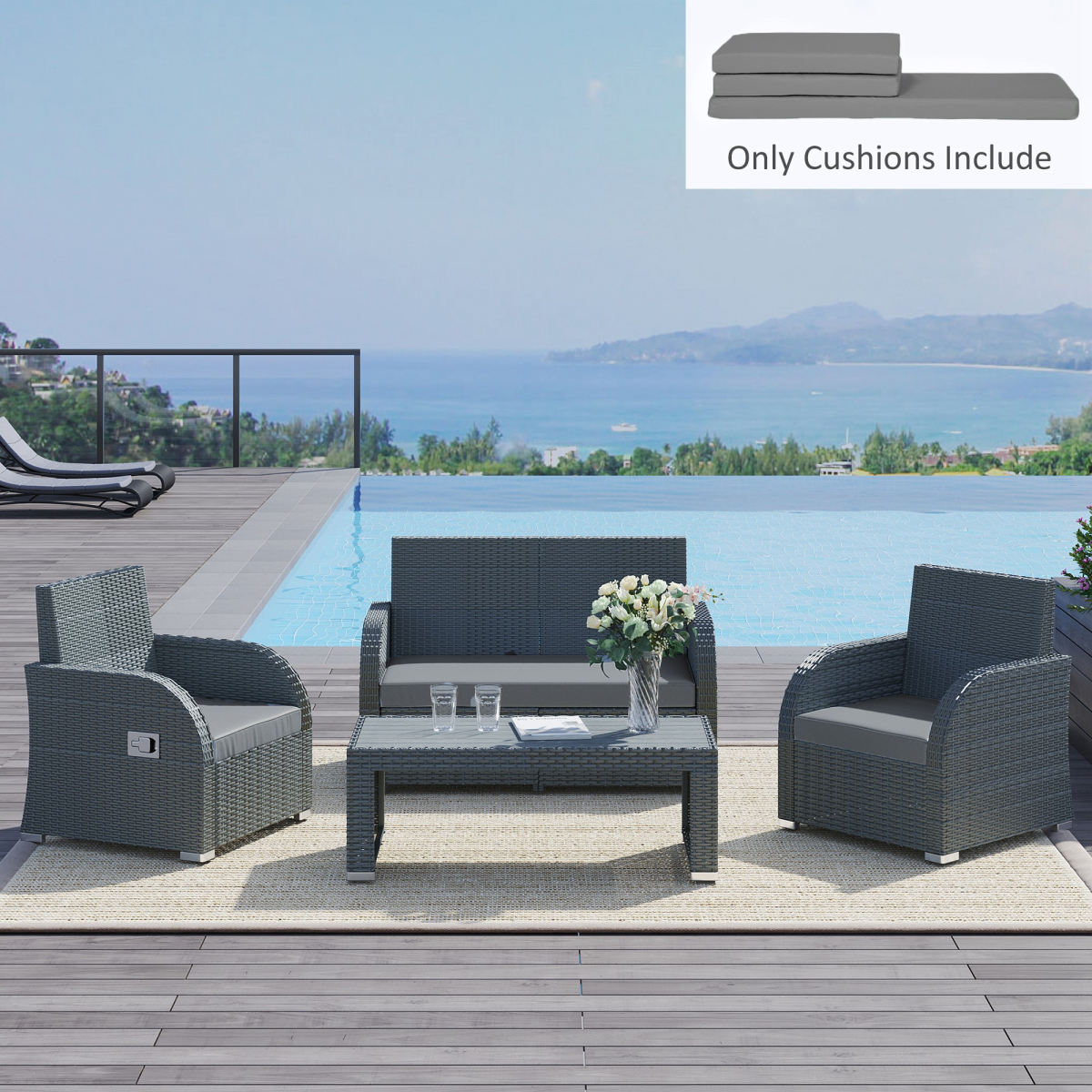 Outsunny 3-Piece Garden Furniture Cushion Pad Set, Dark Grey – 2 Single & 1 Double Seat