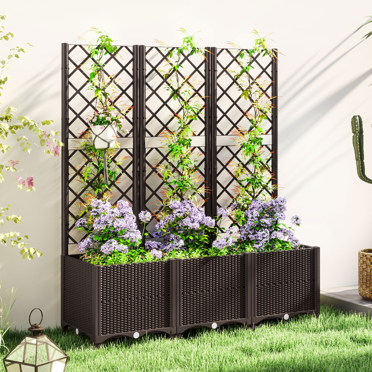Outsunny Plastic Planter Box with Trellis and Drain Plugs – Vertical Vegetable Garden Raised Bed, Brown