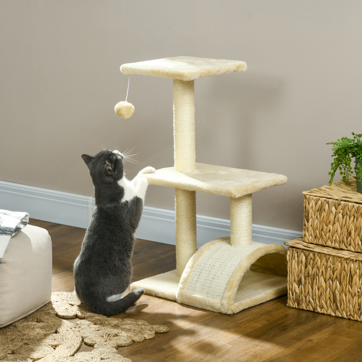 PawHut 72cm Cat Tree Climbing Tower with Sisal Scratching Post and Arc Scratching Pad, Cream White
