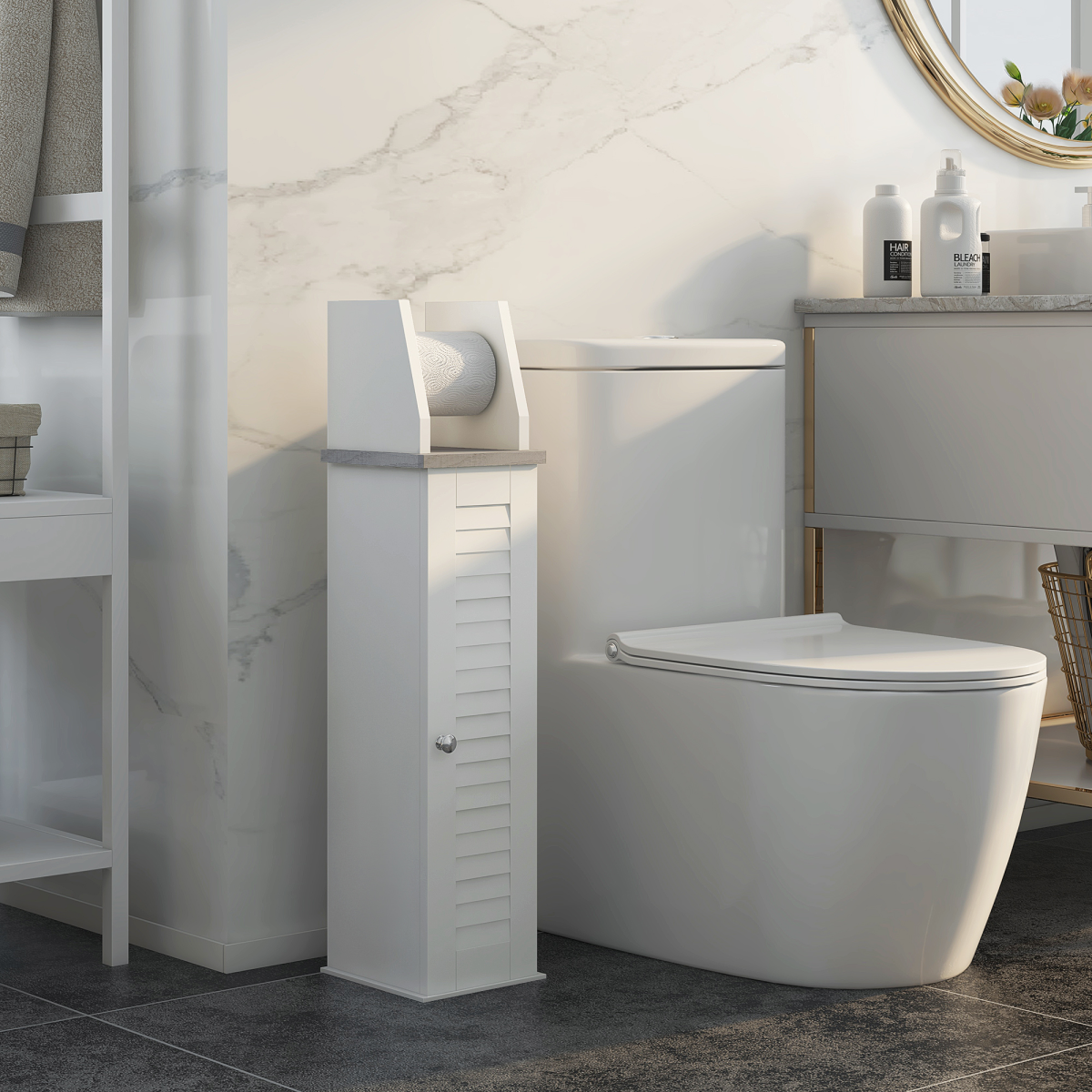 kleankin Slim Toilet Roll Storage Unit with Cupboard and Adjustable Shelf – Louvered Door Bathroom Cabinet, White