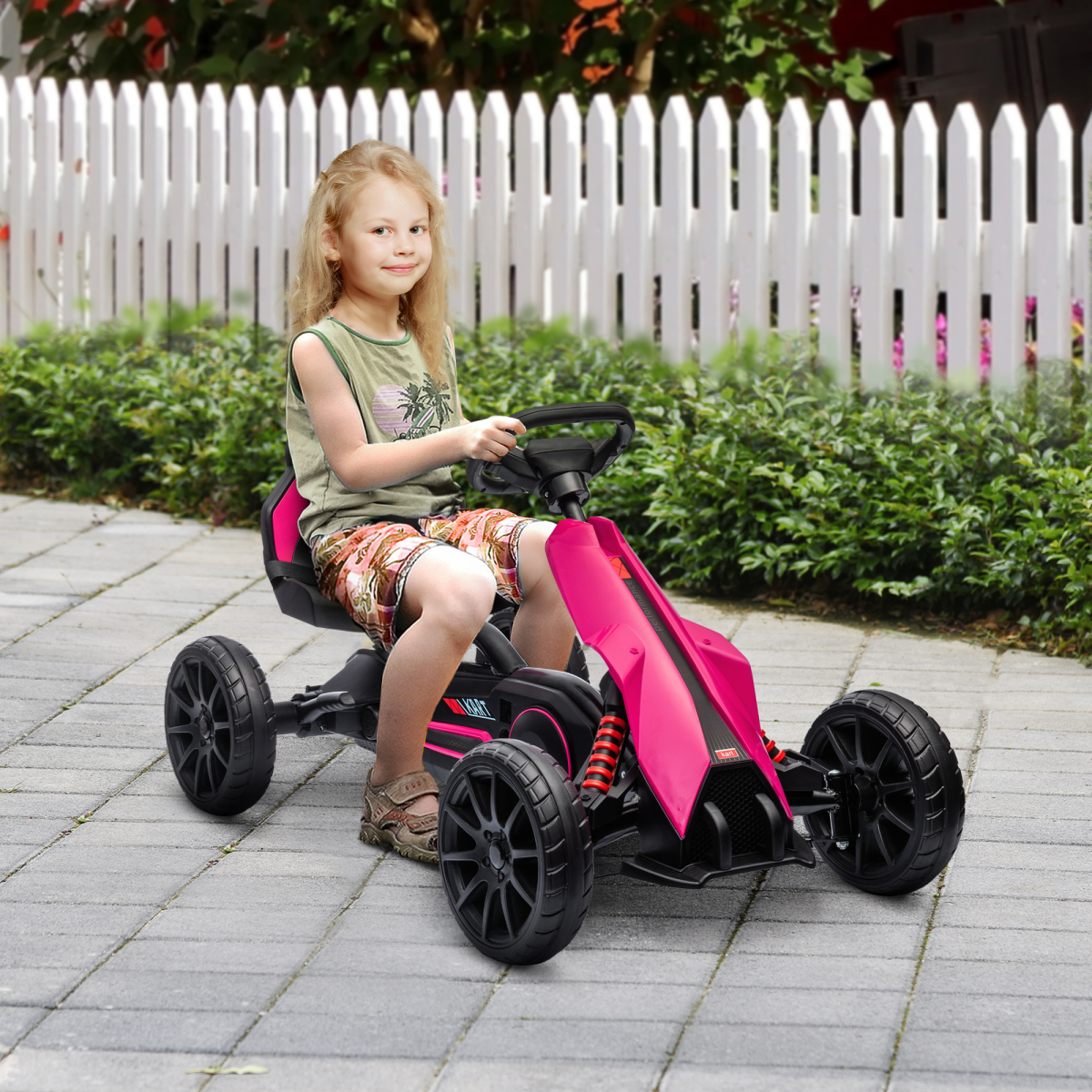 HOMCOM Kids Pedal Go Kart with Adjustable Seat, Handbrake and EVA Wheels – Ride-On for Ages 3-8, Pink