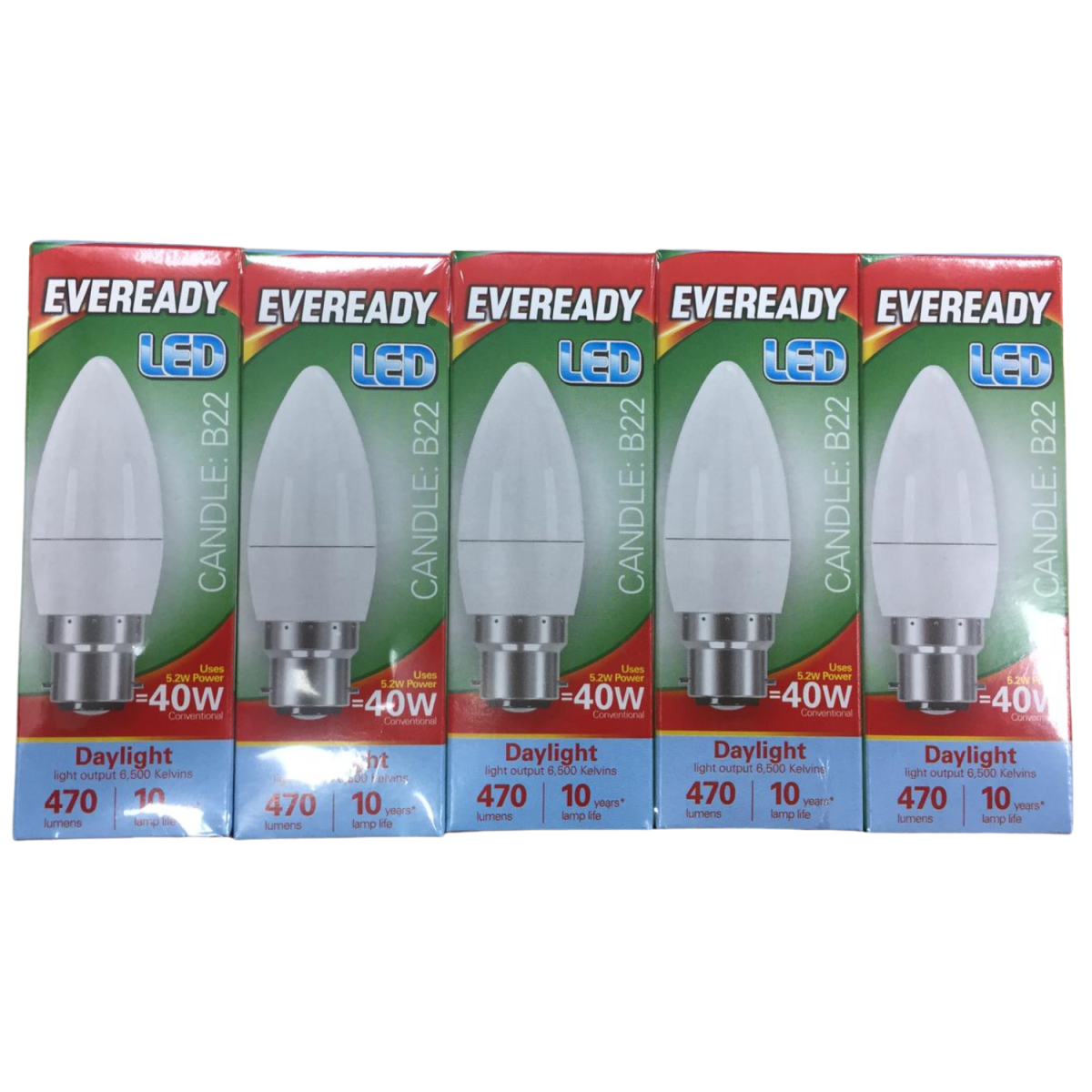 Eveready LED Candle Bulbs, 470 Lumens, Opal, B22 Bayonet Cap – Pack of 5 (S13611)