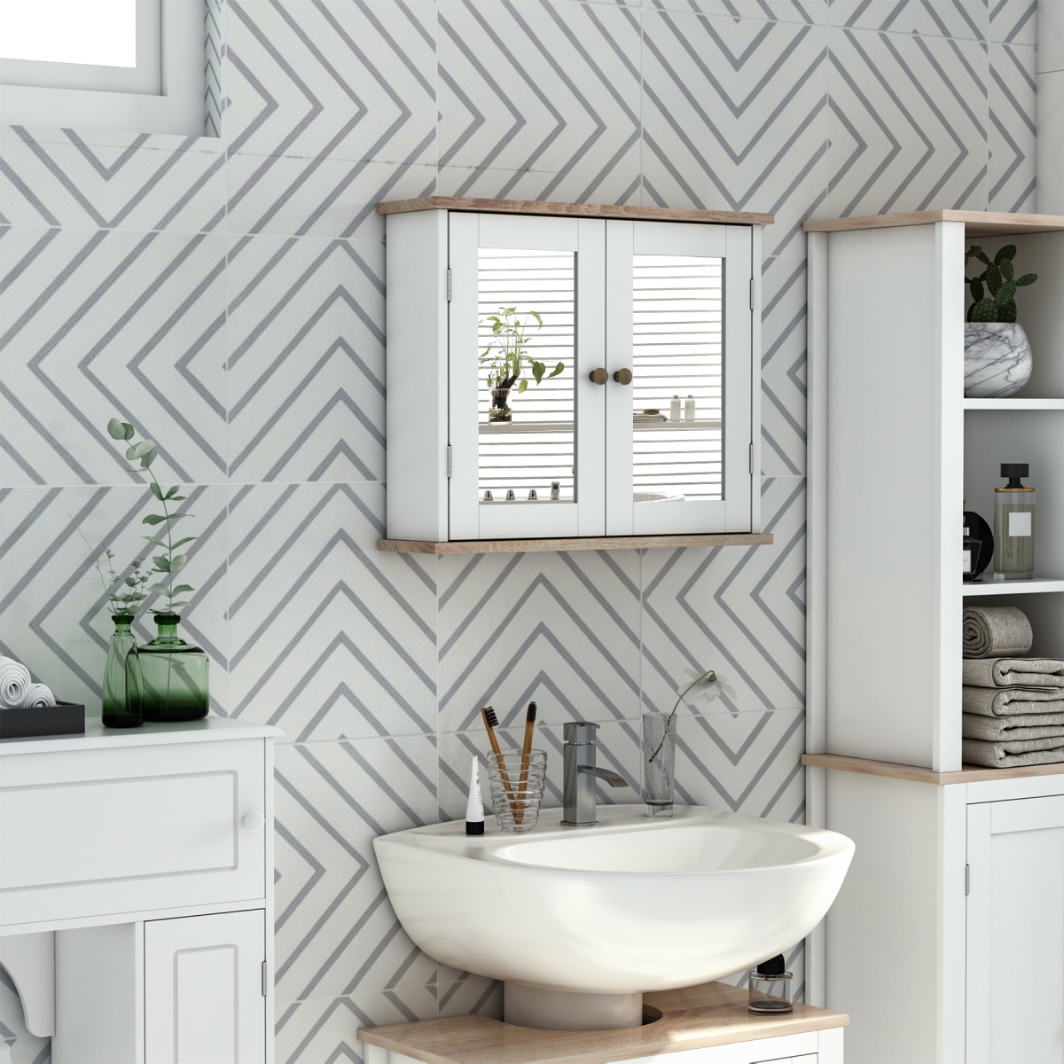 kleankin Wall-Mounted Bathroom Mirror Cabinet with Double Doors & Adjustable Shelf – Space-Saving Storage