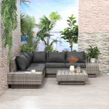 Outsunny Rattan Sectional Corner Sofa Set with Coffee Table & Padded Cushions – Patio Furniture, Light Grey