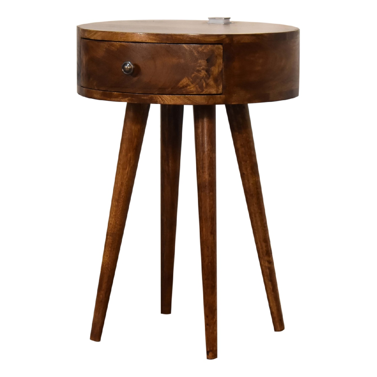 Artisan Furniture Solid Wood Chestnut Bedside Table with Drawer & Brass Knob – Rounded Edges, Dark Brown