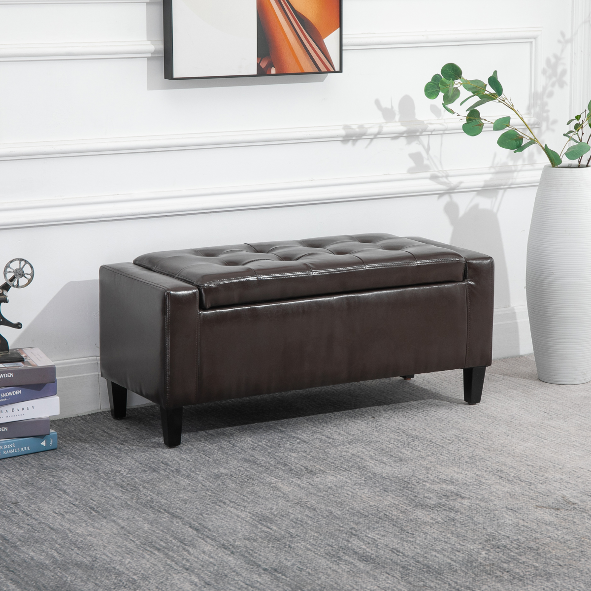 HOMCOM Tufted PU Leather Storage Ottoman Bench, 92cm – Blanket Box & Footstool for Bedroom and Hallway