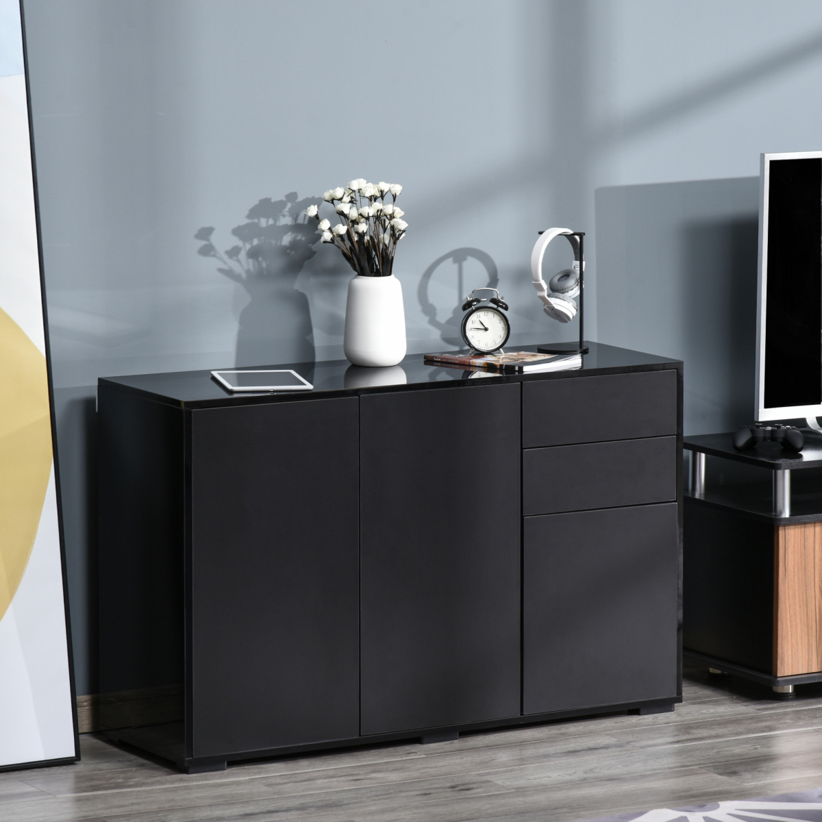 Gloss & Matte Side Cabinet with 2 Doors & 2 Drawers – Black Home Office Storage