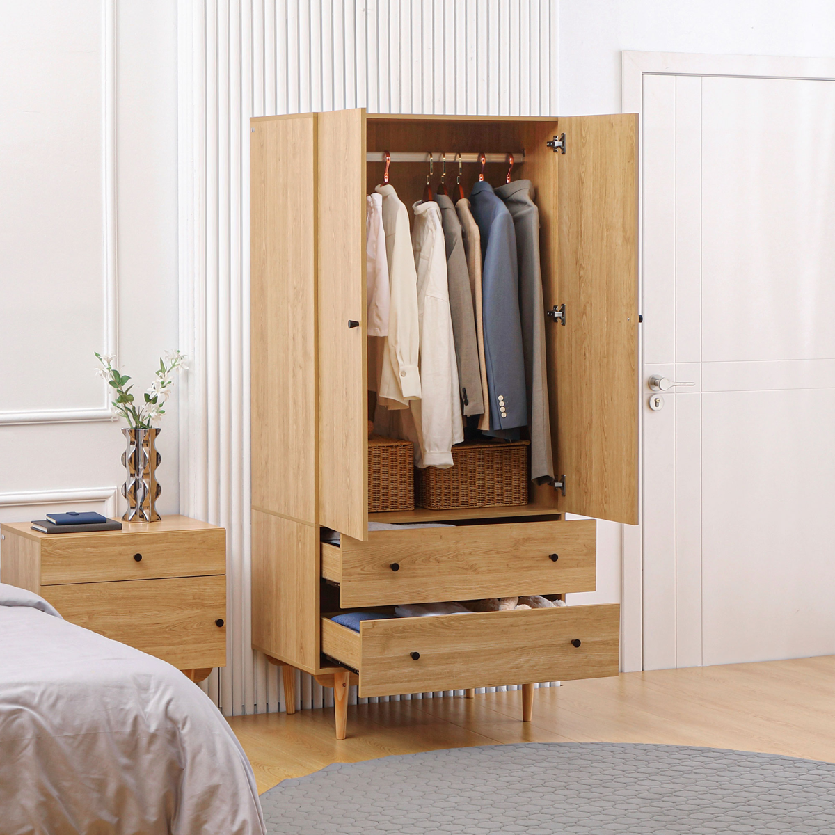 HOMCOM Modern 2 Door Wardrobe with 2 Drawers & Hanging Rail – Bedroom Clothes Storage