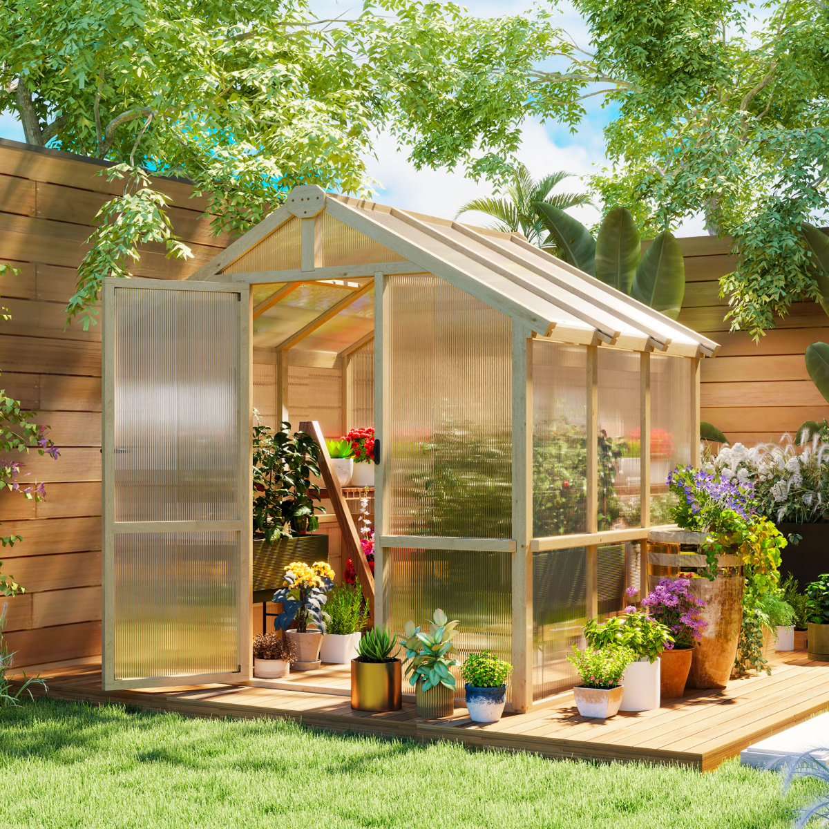 Outsunny 6.6x6ft Wooden Polycarbonate Greenhouse with Lockable Door & Top Vent, Fir Wood Frame – Brown