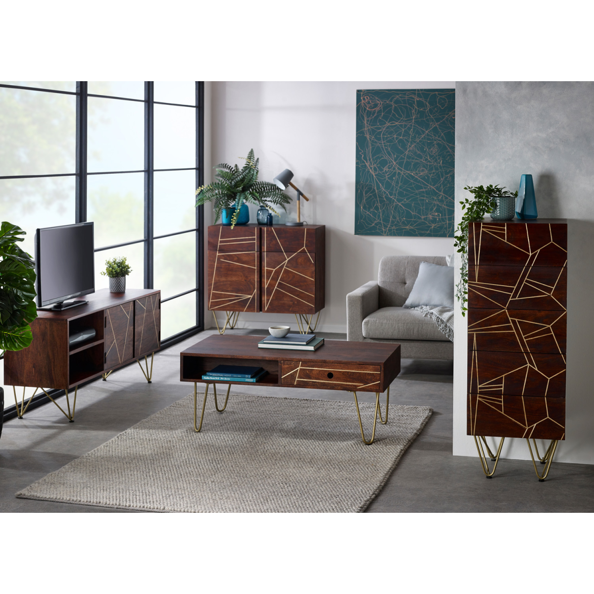 Indian Hub Dark Gold Tall Chest of Drawers, Solid Wood with Metal Inlay