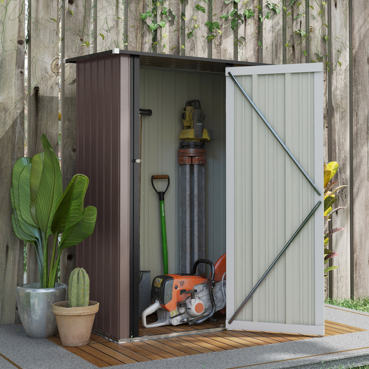 Outsunny Steel Garden Shed with Lockable Hinged Door and Sloped Roof – Outdoor Tool Storage, Brown