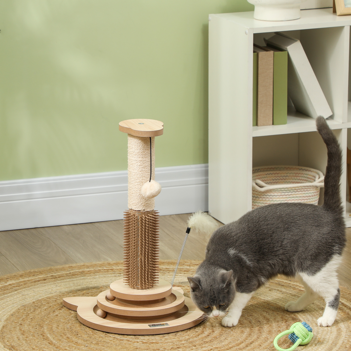 PawHut 49cm 5-in-1 Cat Scratching Post with Interactive Track Ball Turntable – Indoor Cat Tower, Oak & Cream White