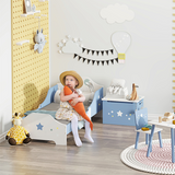 HOMCOM Kids Star & Balloon Toddler Bed with Guardrails & Slats – Blue and White, Ages 3-6