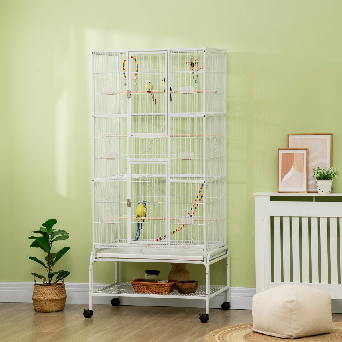 PawHut 3 Tier Bird Cage with Stand, Toys & Wheels – Flight Cage for Canary, Finch, Cockatiel, Parakeet, Budgie