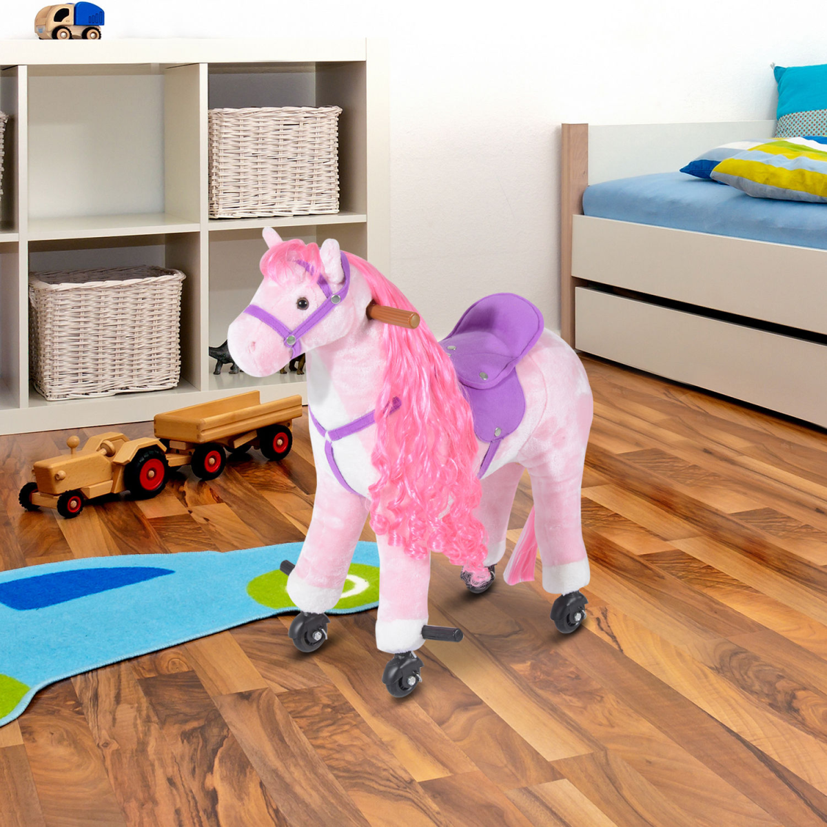 HOMCOM Mechanical Walking Horse Ride-On Toy with Plush Body & Horse Sounds – Kids Pony for Ages 3+