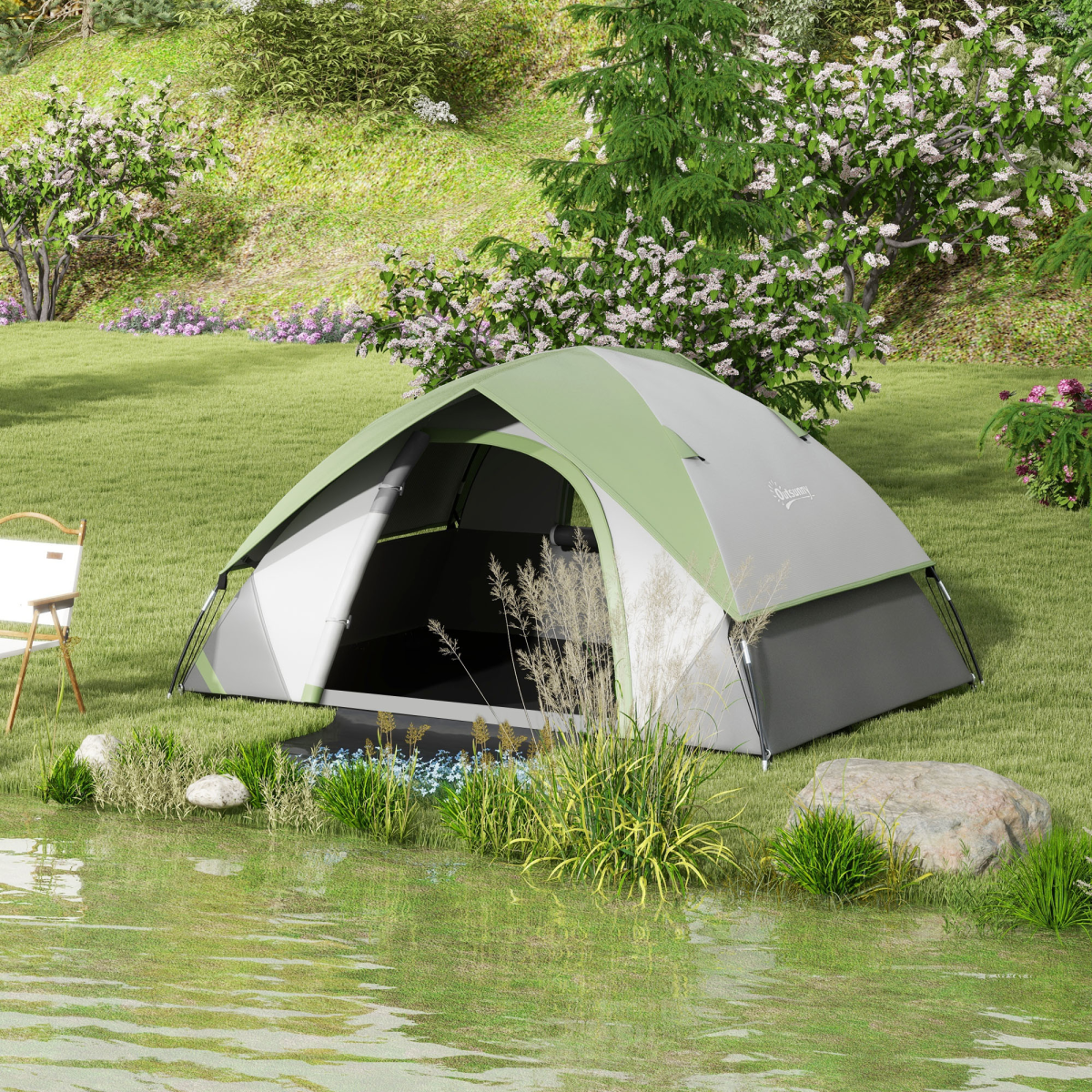 Outsunny 2 Man Camping Tent with Sewn-in Groundsheet, 3000mm Waterproof – One Room Tent with Carry Bag, Green
