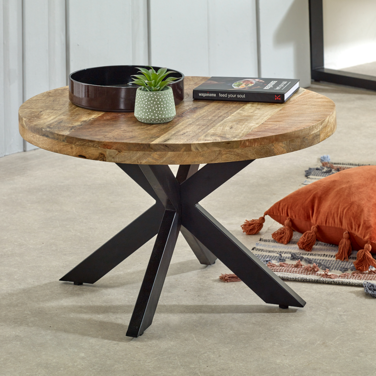 Indian Hub Surrey Solid Mango Wood Coffee Table with Metal Spider Legs – Handmade Industrial Style