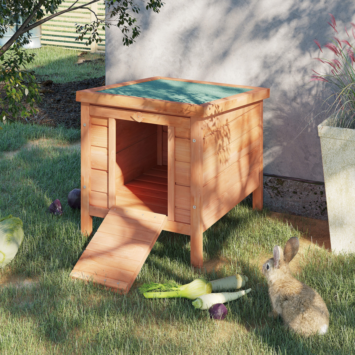 Pawhut Wooden Rabbit Hutch with Drawbridge Ramp, Roof Hatch and Heart-Shaped Lock – Small Animal House