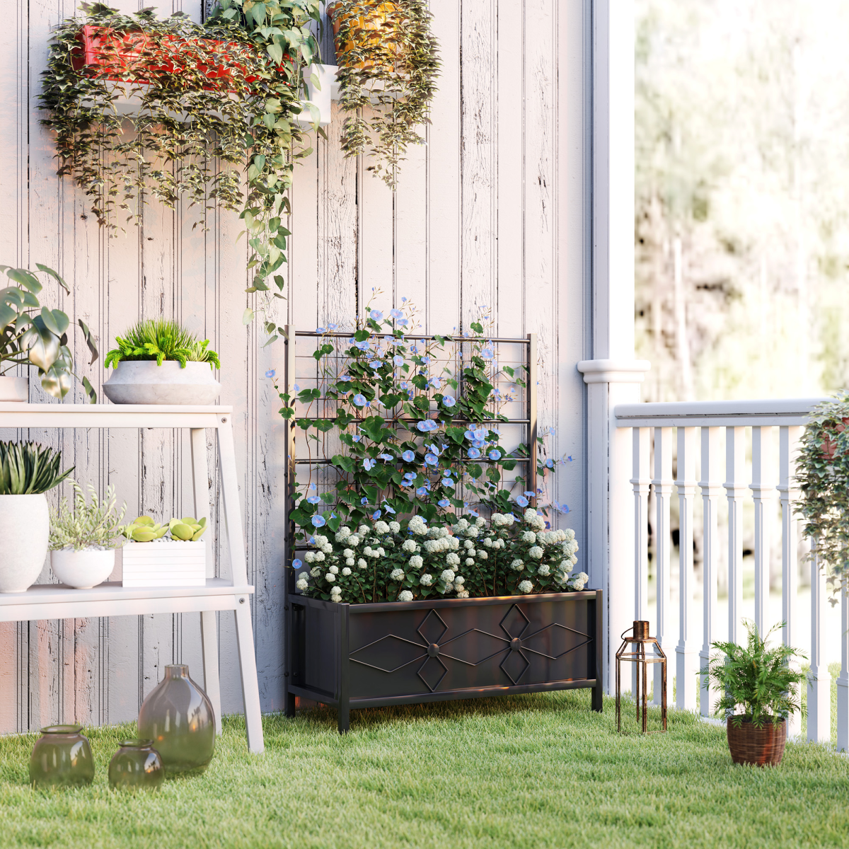 Outsunny Galvanised Steel Trellis Planter with Diamond Design & Drainage Holes – Climbing Plant Support, Black
