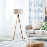 HOMCOM Rubberwood Tripod Floor Lamp with Fabric Shade – Stylish Living Room Lighting, Beige