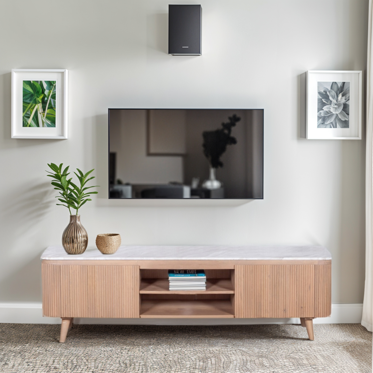 Ashford Natural Marble & Wood Large TV Cabinet, 170cm – Media Storage Unit with Spacious Top