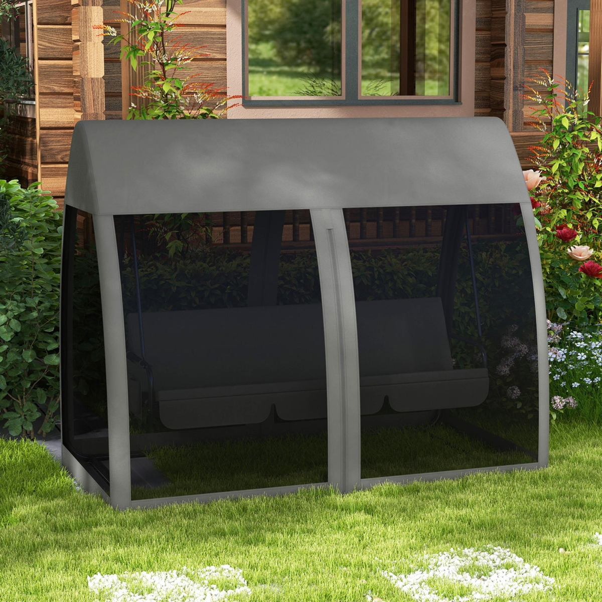 Outsunny 3-Seater Garden Swing Chair with Canopy, Mesh Sides & Insect Net – Hammock Lounger Bed, Grey