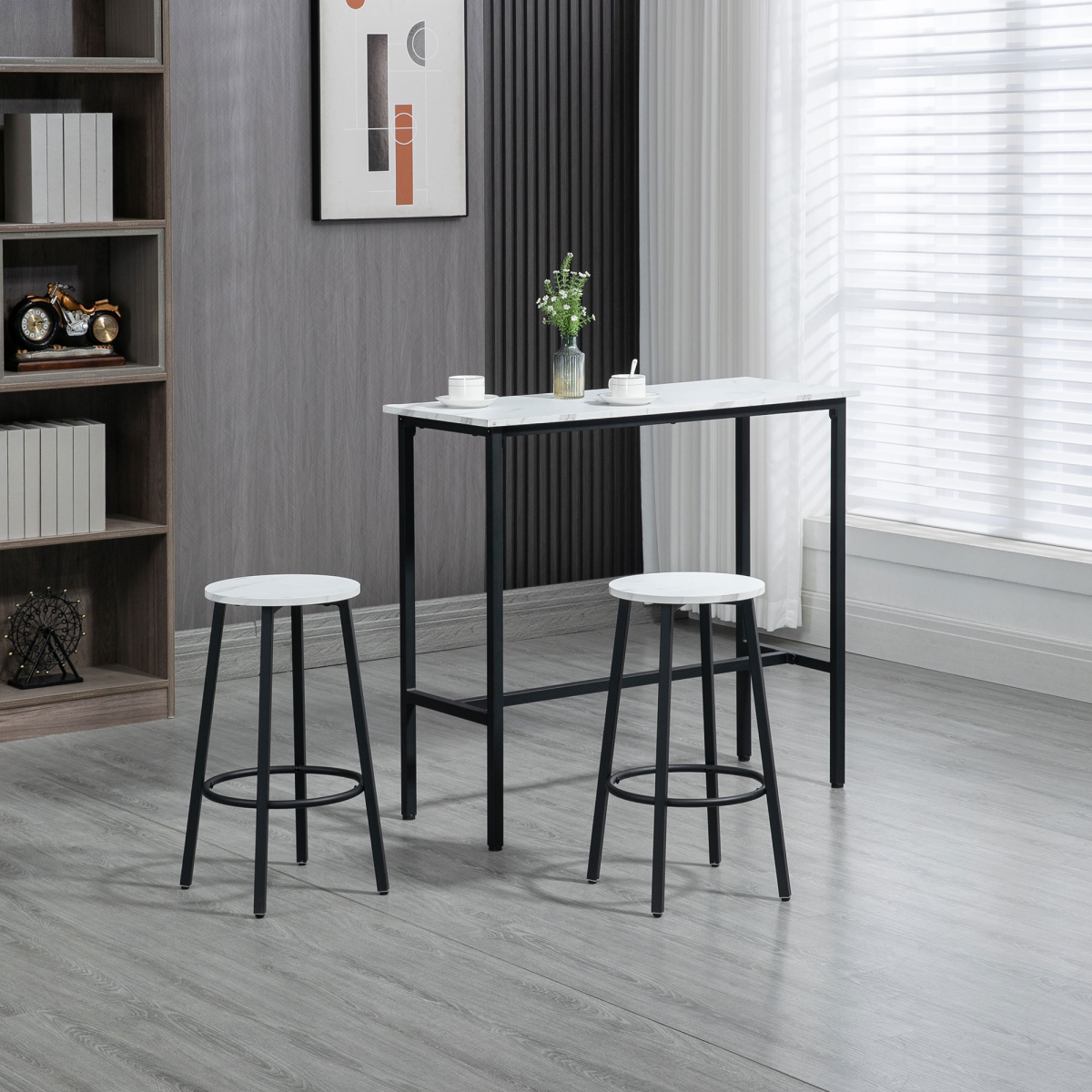 HOMCOM 3 Piece Bar Table Set for 2 with Stools & Footrests, Steel Frame – Kitchen Breakfast Bar Set, White