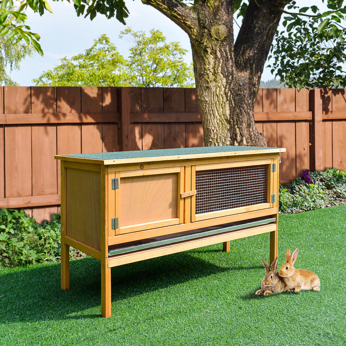 PawHut Wooden Rabbit Hutch with Hinged Top and Slide-Out Tray – Outdoor Small Animal House, Yellow and Green