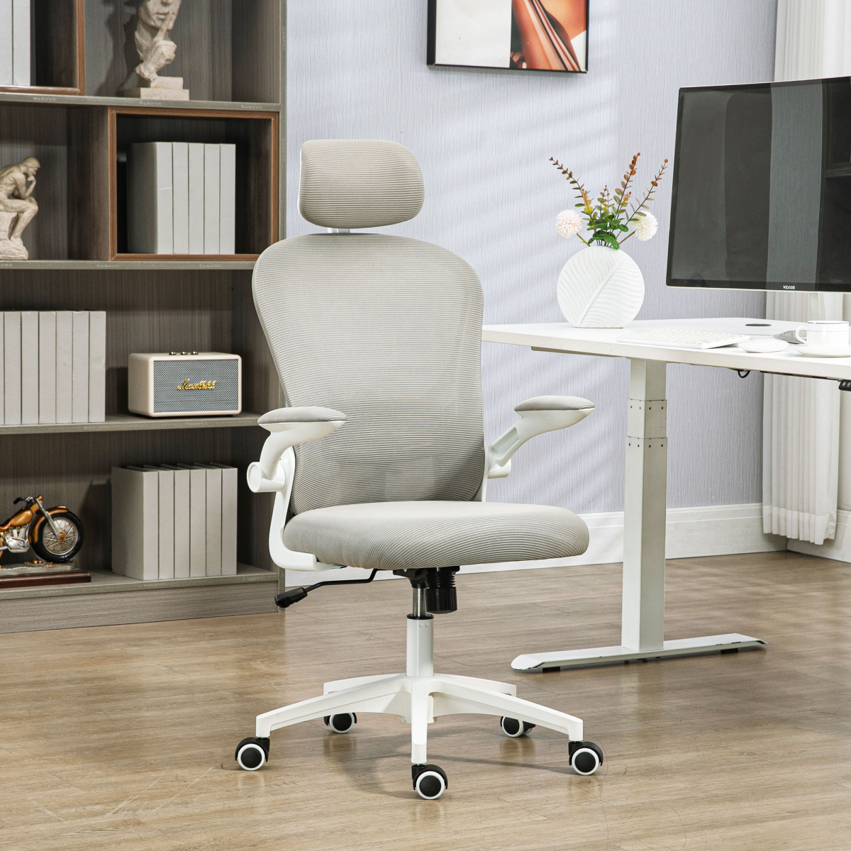 Vinsetto Ergonomic Mesh Office Chair with Rotating Headrest, 4D Lumbar Support & Flip-Up Arms – Grey