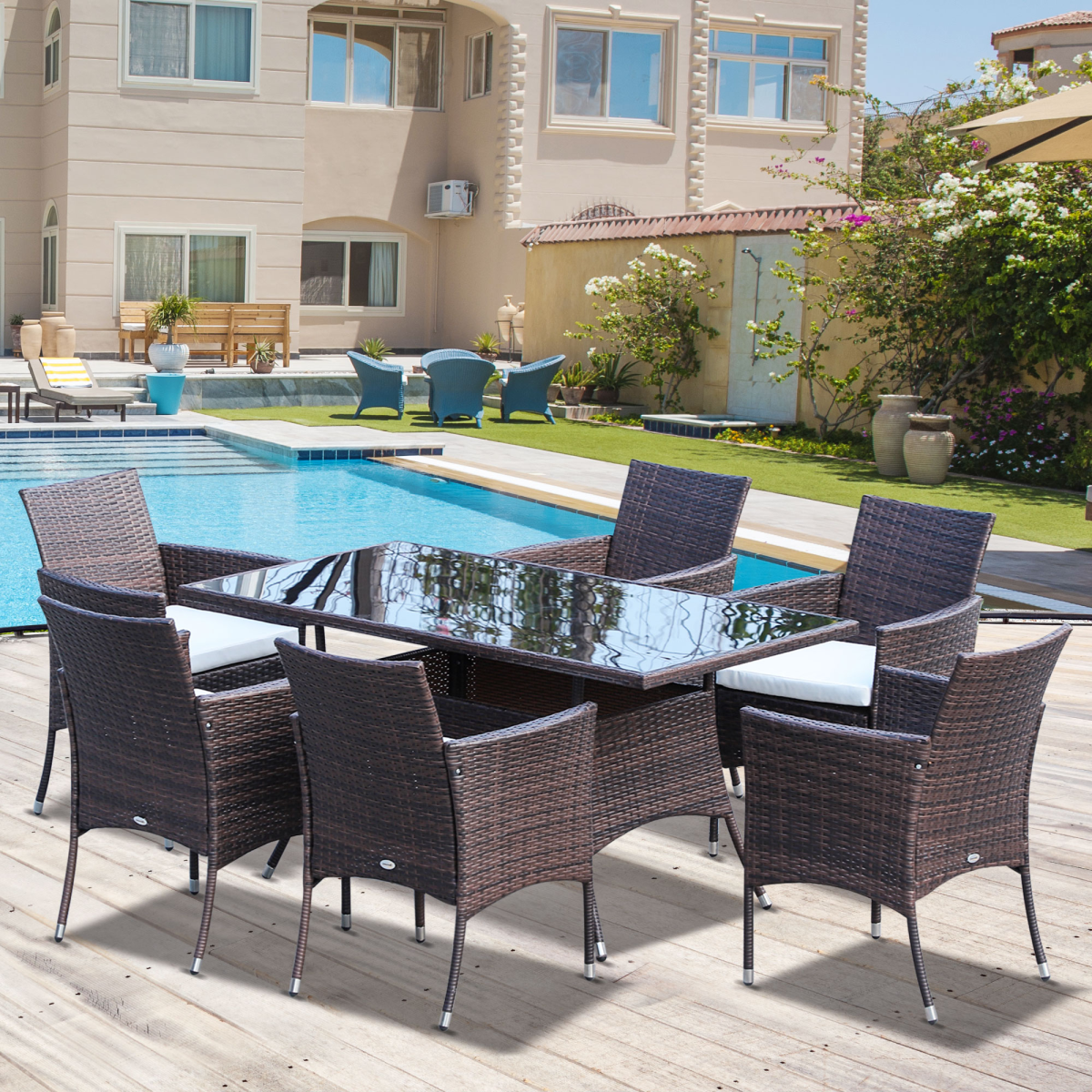 Outsunny 7-Piece Rattan Garden Dining Set with Rectangular Glass Table & 6 Chairs – Fire-Retardant Cushions, Outdoor Furniture