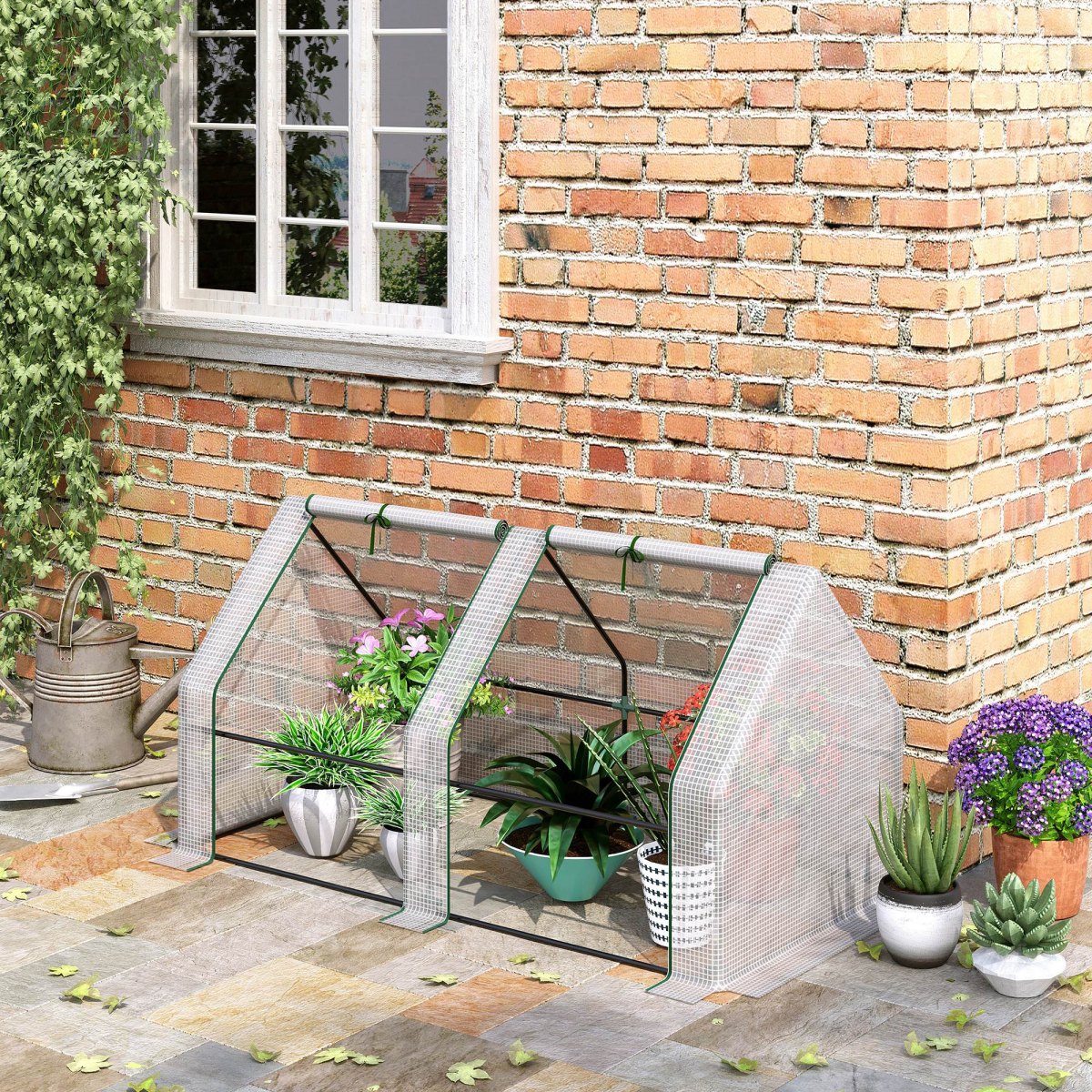 Outsunny Mini Poly Tunnel Greenhouse with Steel Frame, Mesh Cover & Roll-Up Doors – Small Grow House, White