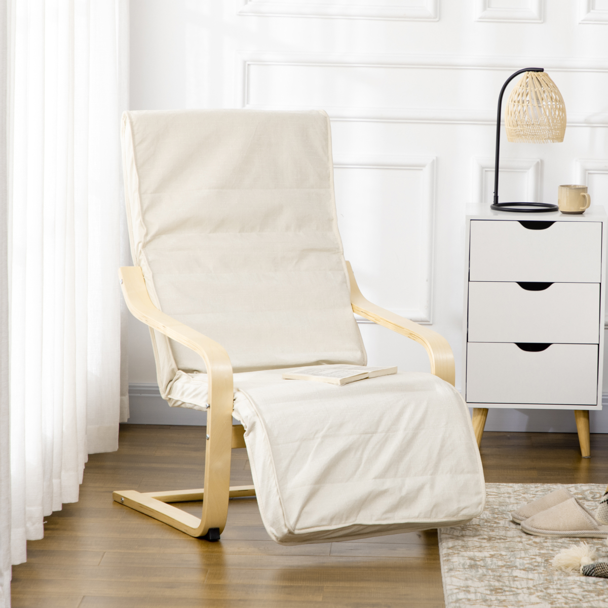 HOMCOM Lounge Armchair with 5-Level Adjustable Footrest and Padded Seat – Wooden Frame, Cream White