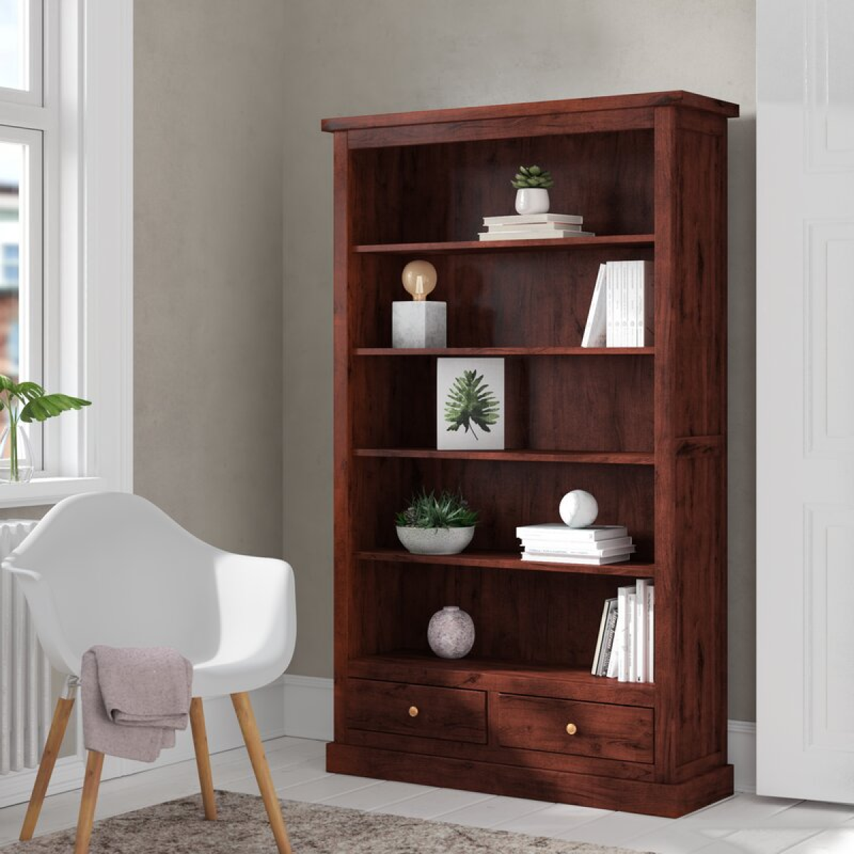 Jaipur Dark Mango Wood Large Bookcase with 2 Drawers – Handmade Five-Shelf Storage Unit