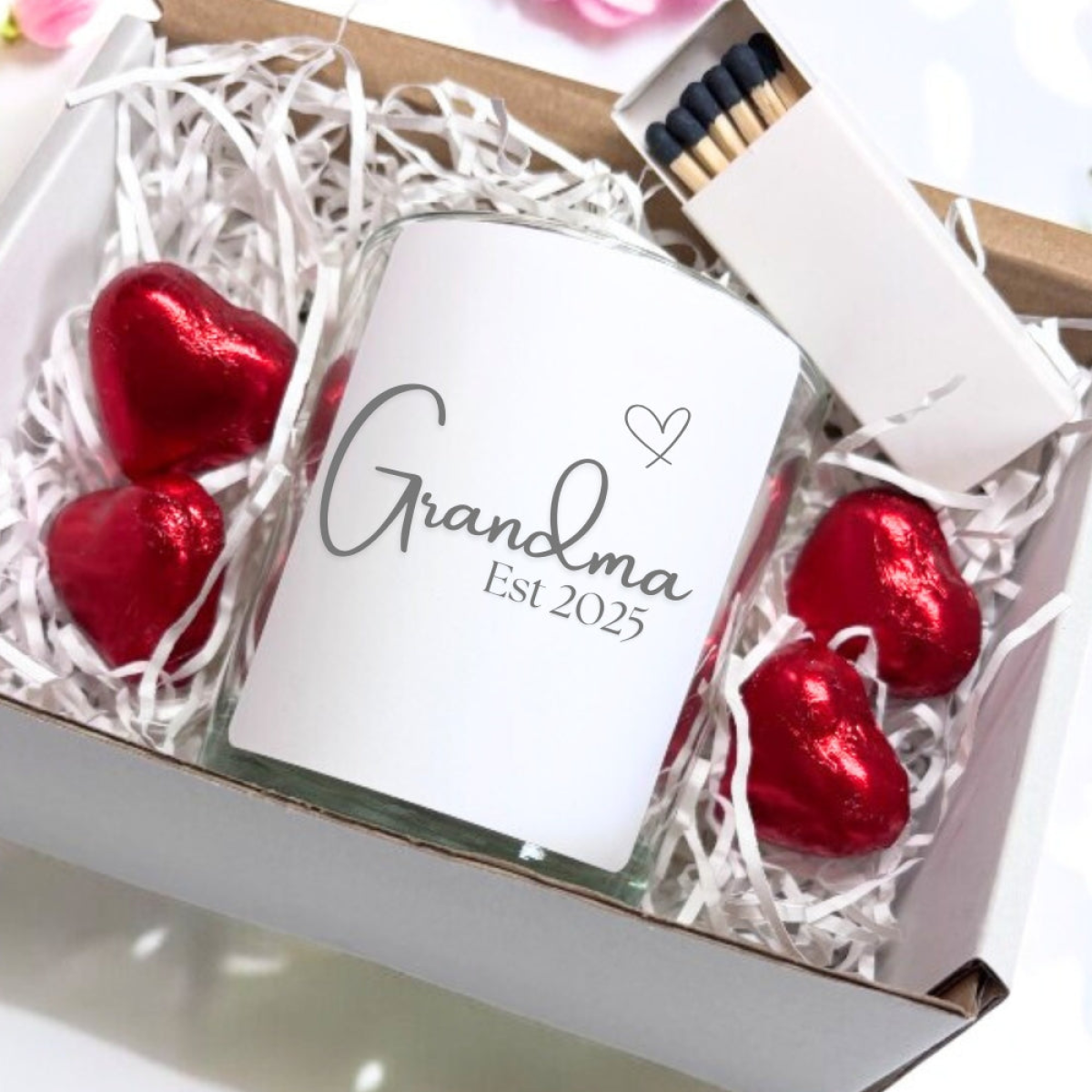 Aye Do Gifts Grandma Est. 2025 Linen Scented Candle Gift Set with Heart Chocolates & Matches