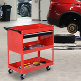 3-Tier Rolling Tool Trolley Cart with Drawer & Lockable Castors – Workshop Storage, Red