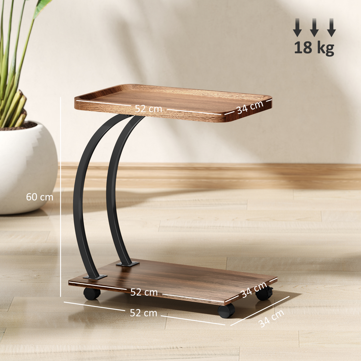 C-Shaped Side Table on Wheels with Tray Top & 2 Tiers – Sofa & Bed Side Table with Storage, Brown & Black