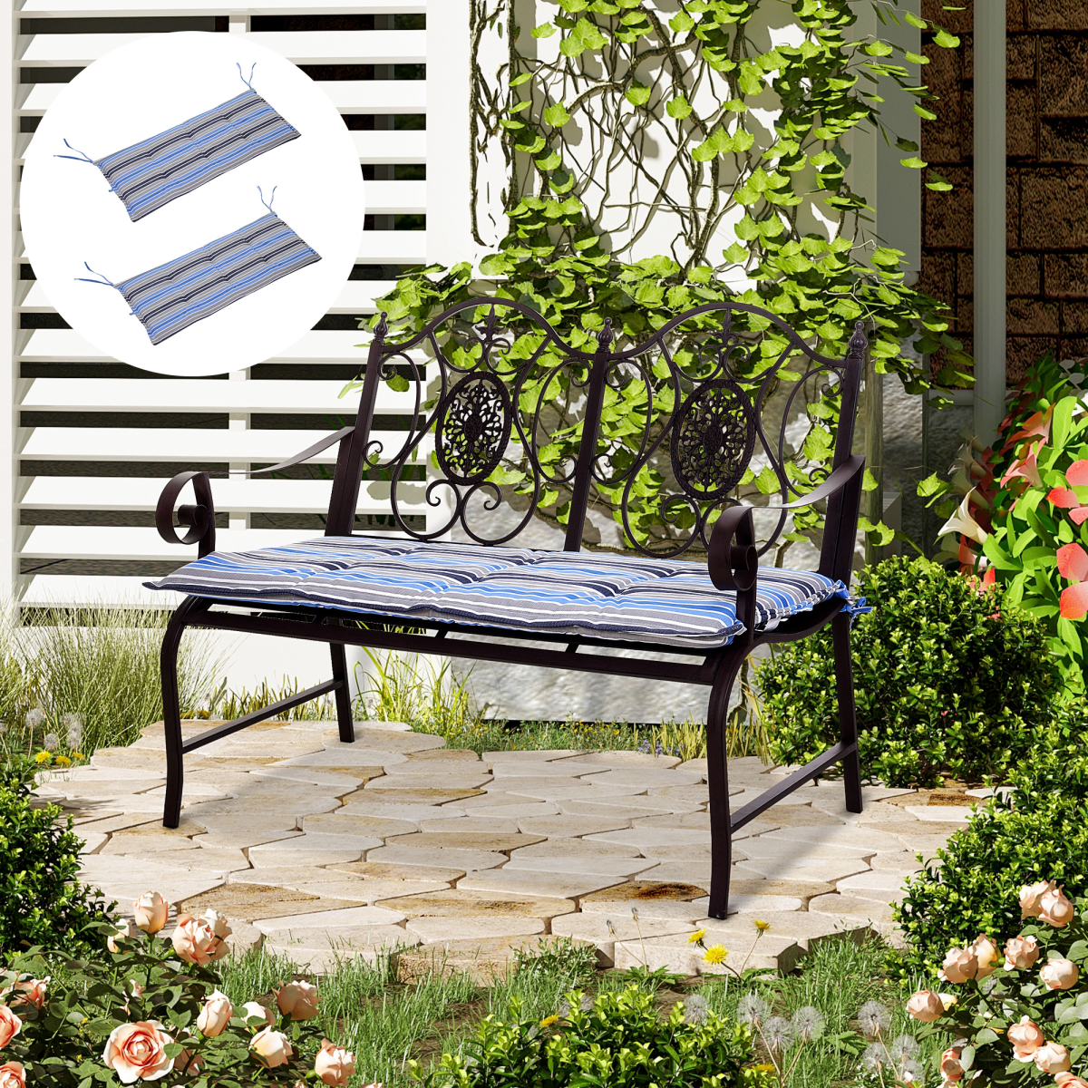 2 Piece Striped Patio Bench Swing Chair Cushion Set, 120 x 50cm – Double Seat Garden Cushions, Blue