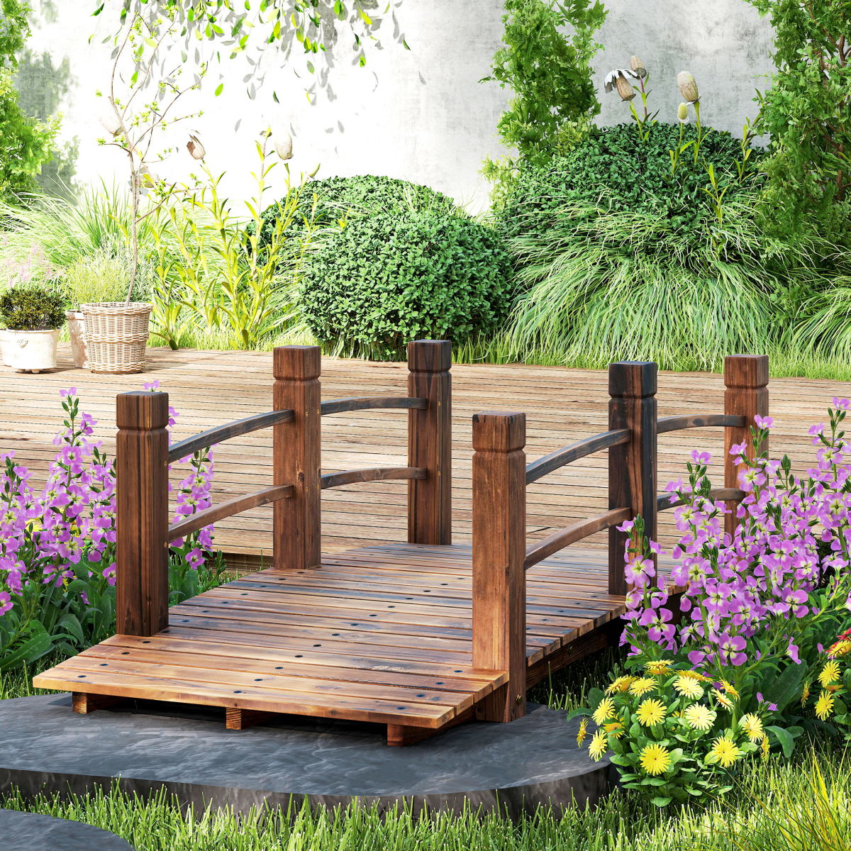 Outsunny Wooden Garden Bridge with Side Rails, Stained Fir Wood Arch – Outdoor Pond & Stream Walkway