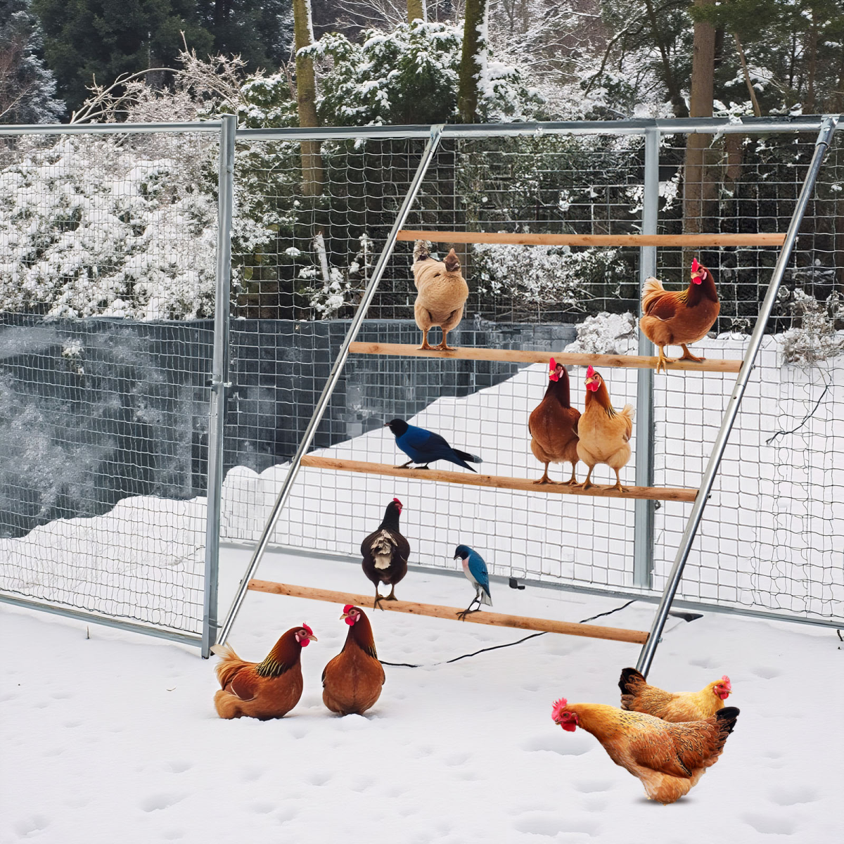 Outdoor Chicken Perch, 4-Level Round Tiered Metal & Wood Roost with Concave Platforms – 104 x 143cm